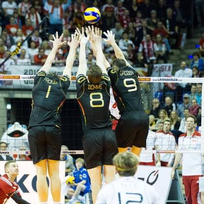 Berlin Block Christian Fromm ( 1, Deutschland Germany), Marcus Boehme ( 8, Deutschland Germany) und Gyorgy Georg Grozer ( 9, Deutschland Germany); 2016 CEV Volleyball European Olympic Qualification Berlin, Max-Schmeling-Halle, Berlin Deutschland Germany, 20160110 Partie (match): Kleines Finale Deutschland gegen Polen (3rd place match Germany vs Poland); Copyright: Wuechnerx xEibner-Pressefoto EP_nwr