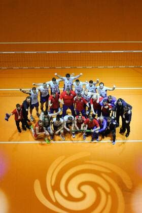 10.01.2016, Max Schmeling Halle, Berlin Volleyball, Olympiaqualifikation, Finale, Frankreich (FRA) vs. Russland (RUS) Sieger Russland Siegerfoto aufgenommen mit der Remote Kamera