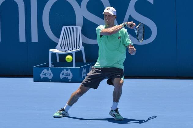 11.01.16 Sydney, Australia. Andreas Seppi (ITA) in action against Denis Istomin (UZB) during their mens singles match on day 2 at the Apia International Sydney. Seppi won the match 6-4,4-6,6-2. xNigelxOwenx  ActionPlus11696005
