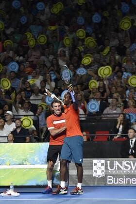 11.01.16 Sydney, Australia. Gael Monfils (FRA) waits for the crowd verdict with PAtCash during his game against Nick Kyrgios (AUS) during the FAST4 tennis exhbition matches at Allphones Arena. xNigelxOwenx  ActionPlus11696128