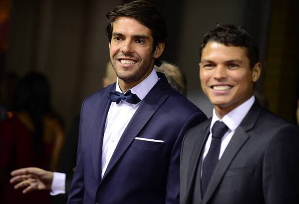 Jan. 11, 2016 - Zurich, Switzerland - RICARDO dos SANTOS LEITE (KAKA) 8L) and THIAGO SILVA (R) poses for photos on the red carpet during arrivals for the 2015 FIFA Ballon DOR Gala at Kongresshaus in Zurich. Soccer 2016 - FIFA Ballon D OR 2015  - ZUMAm119