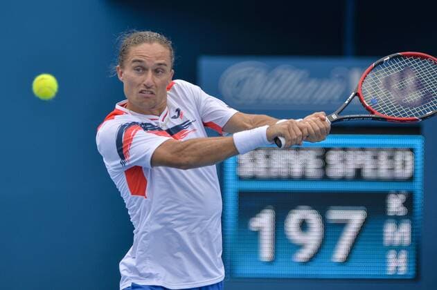 12.01.16 Sydney, Australia. Alexandr Dolgopolov (UKR) in action against Thomas Belluci (BRA) during their mens singles match on day 3 at the Apia International Sydney. Dolgopolov won the match 6-1,6-4. xNigelxOwenx  ActionPlus11696254