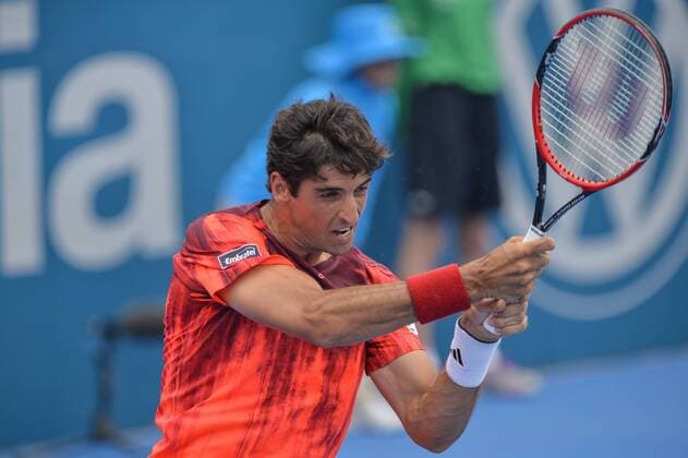12.01.16 Sydney, Australia. Thomas Belluci (BRA) in action against Alexandr Dolgopolov (UKR) during their mens singles match on day 3 at the Apia International Sydney. Dolgopolov won the match 6-1,6-4. xNigelxOwenx  ActionPlus11696258