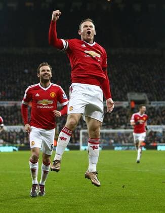 Wayne Rooney of Manchester United ManU celebrates scoring his sides third goal - Barclay s Premier League - Newcastle United vs Manchester United - St James Park - Newcastle - 12 01 2016 Pic Philip Oldham SportImage EDITORIAL USE ONLY. No use with unauthorised audio, video, data, fixture lists, club league logos or live services. Online in-match use limited to 120 images, no video emulation. No use in betting, games or single club league player publications.