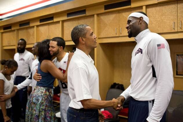 July 16, 2012 - Washington, District of Columbia, U.S. - President BARACK OBAMA talks with LEBRON JAMES as First Lady MICHELLE OBAMA hugs DERON WILLIAMS during their greet with members of the U.S. Men s Olympic basketball team at halftime of their game against Brazil at the Verizon Center. - ZUMAz03 July 16 2012 Washington District of Columbia U S President Barack Obama Talks With Lebron James As First Lady Michelle Obama Hugs DERON Williams during their Greet With Members of The U S Men S Olympic Basketball Team AT Halftime of their Game against Brazil AT The Verizon Center ZUMAz03 July 16 2012 Washington District of Columbia U S President BARACK OBAMA talks with LEBRON JA - ZUMA1