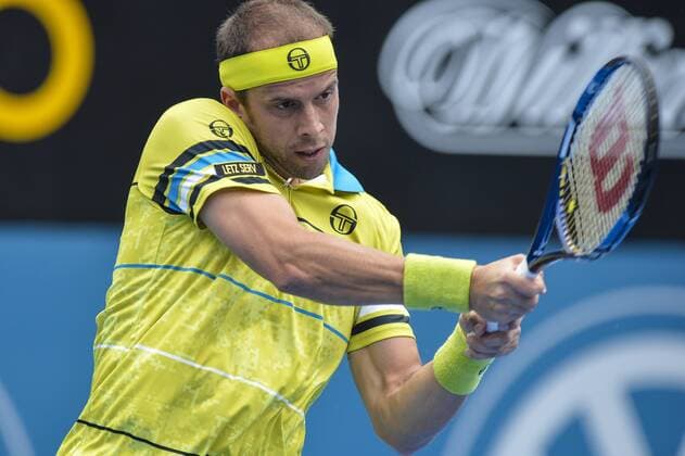 15.01.16 Sydney, Australia. Gilles Muller (LUX) in action against Grigot Dimitrov (BUL) during their mens singles semi final match on day 6 at the Apia International Sydney. xNigelxOwenx  ActionPlus11696993