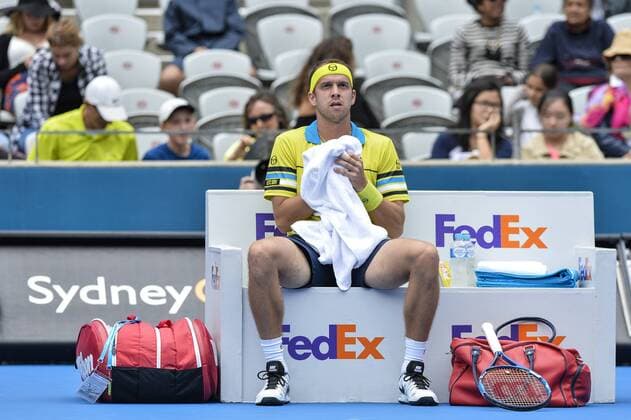 15.01.16 Sydney, Australia. Gilles Muller (LUX) in action against Grigot Dimitrov (BUL) during their mens singles semi final match on day 6 at the Apia International Sydney. xNigelxOwenx  ActionPlus11697000