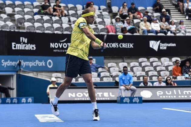 15.01.16 Sydney, Australia. Gilles Muller (LUX) in action against Grigot Dimitrov (BUL) during their mens singles semi final match on day 6 at the Apia International Sydney. xNigelxOwenx  ActionPlus11697010