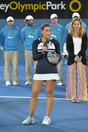 15.01.16 Sydney, Australia. Monica Puig (PUR) with the runners up trophy after being beaten by Svetlana Kuznetsova in the singles final against on day 6 at the Apia International Sydney. Kznetsova won the final 6-0,6-2. xNigelxOwenx  ActionPlus11697035