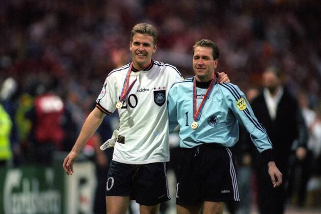 Oliver Bierhoff, Torwart Andreas Köpke - Jubel - Europameister Deutschland Fußball, Europameisterschaft 1996, EM, Finale London, Deutschland