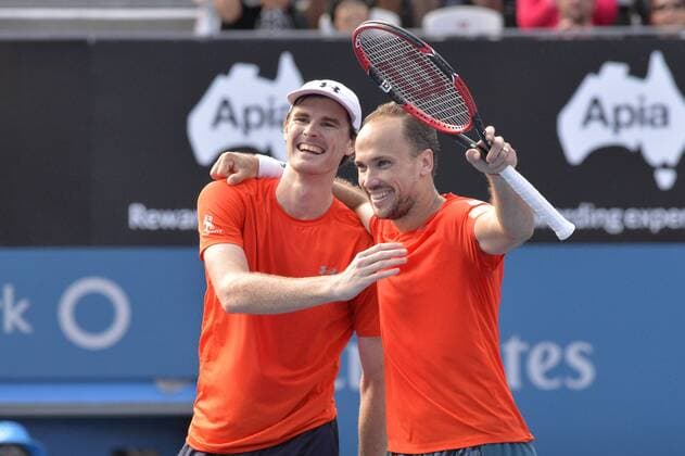 16.01.16 Sydney, Australia. Jamie Murray (GBR) and Bruno Soares (BRA) in action against Rohan Bopanna (IND) and Florin Mergea (ROU) during their mens doubles final match at the Apia International Sydney. Murray and Soares won the final 6-3,7-6. xNigelxOwenx  ActionPlus11697358