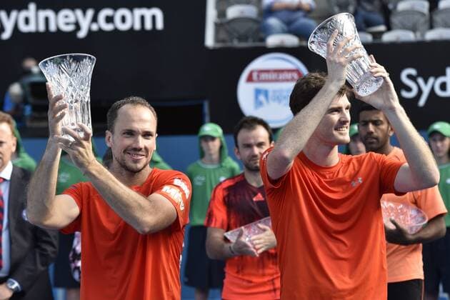 16.01.16 Sydney, Australia. Jamie Murray (GBR) and Bruno Soares (BRA) with their trophies as they win the doubles final against Rohan Bopanna (IND) and Florin Mergea (ROU) at the Apia International Sydney. Murray and Soares won the final 6-3,7-6. xNigelxOwenx  ActionPlus11697374