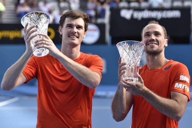 16.01.16 Sydney, Australia. Jamie Murray (GBR) and Bruno Soares (BRA) with their trophies as they win the doubles final against Rohan Bopanna (IND) and Florin Mergea (ROU) at the Apia International Sydney. Murray and Soares won the final 6-3,7-6. xNigelxOwenx  ActionPlus11697380