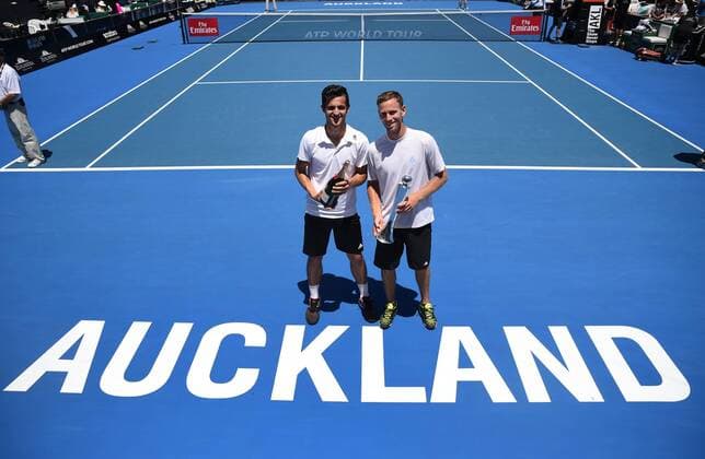 16.01.2016. Auckland, New Zealand. Mate Pavic and Michael Venus (R) celebrate after winning the doubles final on finals day at the ASB Classic Tennis Men s tournament. ASB Tennis Centre, Stanley st, Auckland, New Zealand. Saturday 16 January 2016. xAndrewxCornagax  ActionPlus11697586