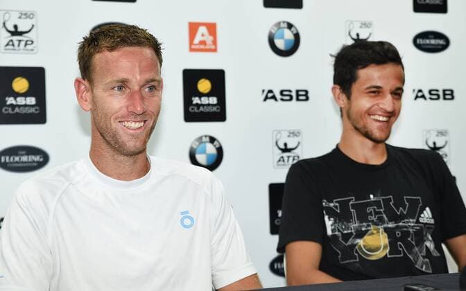 16.01.2016. Auckland, New Zealand. Mate Pavic and Michael Venus (L) after winning the doubles final on finals day at the ASB Classic Tennis Men s tournament. ASB Tennis Centre, Stanley st, Auckland, New Zealand. Saturday 16 January 2016. xAndrewxCornagax  ActionPlus11697591