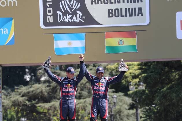 - ROSARIO, ARGENTINA: Qatar driver Nasser Al Attyah and his co-driver Matthieu Baumel celebrate at the end of the final stage of the 2016 Dakar Rally Race from Villa Carlos Paz to Rosario, Argentina, on Saturday 16 January 2016. The 2016 Dakar Rally takes place from 03 till 16 January 2014 in Argentina and Bolivia. WILLYxWEYENS  x04775535x