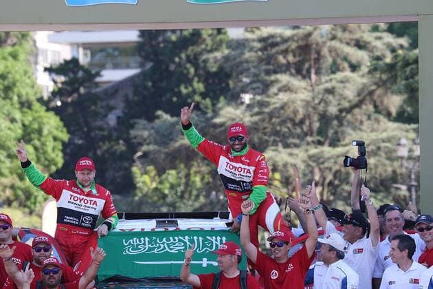 - ROSARIO, ARGENTINA: Arabian driver Zaheed Al Rahji and his codriver and their Toyota Hilux, look happy to finish at the end of the final stage of the 2016 Dakar Rally Race from Villa Carlos Paz to Rosario, Argentina, on Saturday 16 January 2016. The 2016 Dakar Rally takes place from 03 till 16 January 2014 in Argentina and Bolivia. WILLYxWEYENS  x04775536x