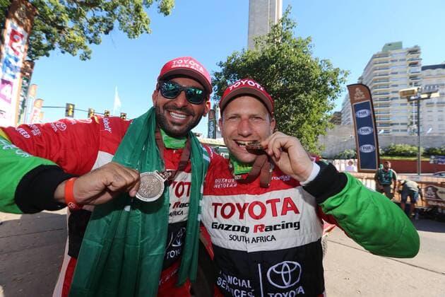 - ROSARIO, ARGENTINA: Arabian driver Zaheed Al Rahji and his codriver and their Toyota Hilux, look happy to finish at the end of the final stage of the 2016 Dakar Rally Race from Villa Carlos Paz to Rosario, Argentina, on Saturday 16 January 2016. The 2016 Dakar Rally takes place from 03 till 16 January 2014 in Argentina and Bolivia. WILLYxWEYENS  x04775539x