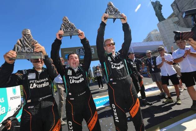 - ROSARIO, ARGENTINA: Dutch driver Gerard De Rooy (R) celebrates with his co-driver after winning with their Iveco Tracker after the final stage of the 2016 Dakar Rally Race from Villa Carlos Paz to Rosario, Argentina, on Saturday 16 January 2016. The 2016 Dakar Rally takes place from 03 till 16 January 2014 in Argentina and Bolivia. WILLYxWEYENS  x04775541x