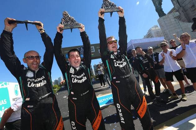 - ROSARIO, ARGENTINA: Dutch driver Gerard De Rooy (R) celebrates with his co-driver after winning with their Iveco Tracker after the final stage of the 2016 Dakar Rally Race from Villa Carlos Paz to Rosario, Argentina, on Saturday 16 January 2016. The 2016 Dakar Rally takes place from 03 till 16 January 2014 in Argentina and Bolivia. WILLYxWEYENS  x04775542x