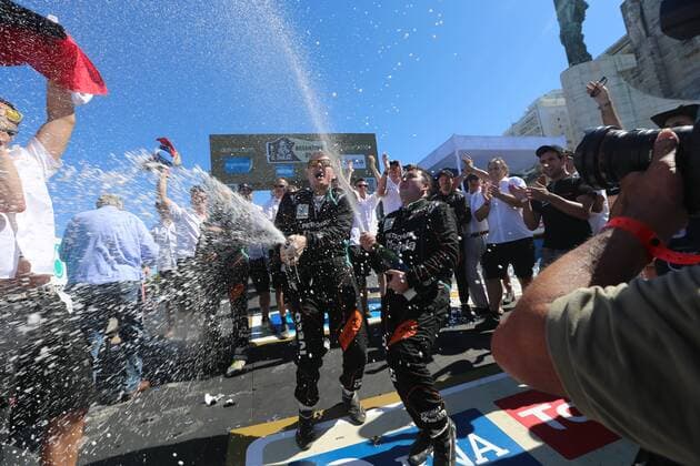 - ROSARIO, ARGENTINA: Dutch driver Gerard De Rooyl and his co-driver celebrate after the final stage of the 2016 Dakar Rally Race from Villa Carlos Paz to Rosario, Argentina, on Saturday 16 January 2016. The 2016 Dakar Rally takes place from 03 till 16 January 2014 in Argentina and Bolivia. WILLYxWEYENS  x04775546x