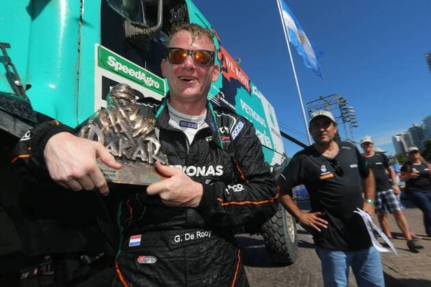 - ROSARIO, ARGENTINA: Dutch driver Gerard De Rooy (L) celebrates with his co-driver after winning with their Iveco Tracker after the final stage of the 2016 Dakar Rally Race from Villa Carlos Paz to Rosario, Argentina, on Saturday 16 January 2016. The 2016 Dakar Rally takes place from 03 till 16 January 2014 in Argentina and Bolivia. WILLYxWEYENS  x04775558x