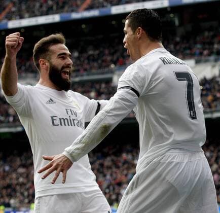 Real Madrid s Portuguese striker Cristiano Ronaldo (R) celebrates with teammate Daniel Carvajal after scoring his second goal against Sporting Gijon during their Spanish Primera Division soccer match at Santiago Bernabeu stadium in Madrid, Spain, 17 January 2016. REAL MADRID VS SPORTING GIJON !ACHTUNG: NUR REDAKTIONELLE NUTZUNG!  MD 20160117-635886460112347359