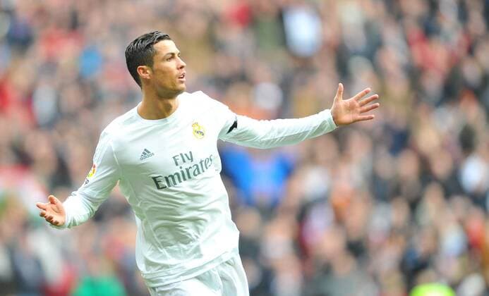 Cristiano Ronaldo (Real Madrid) celebrates scoring a goal during the LA LIGA match between Real Madrid and Sporting de Gijon, played at Estadio Santiago Bernabeu, Madrid -  xJ.M.Colomox xx