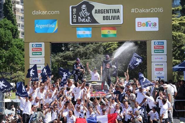 - ROSARIO, ARGENTINA: French driver Stephane Peterhansel and his co-driver J.P. Cotret and their 2008 DKR Peugeot, celebrate at the final stage of the 2016 Dakar Rally Race from Villa Carlos Paz to Rosario, Argentina, on Saturday 16 January 2016. The 2016 Dakar Rally takes place from 03 till 16 January 2014 in Argentina and Bolivia. WILLYxWEYENS  x04775594x