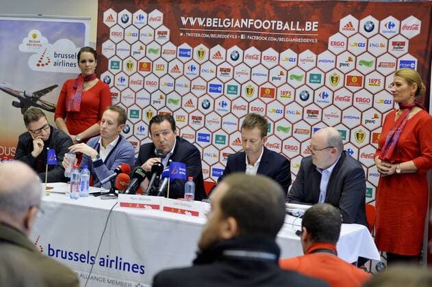 - DIEGEM, BELGIUM: Belgium s assistant coach Vital Borkelmans, KBVB-URBSFA Belgium soccer union business director Bob Madou, Belgium s head coach Marc Wilmots, Brussels Airport Chief Commercial Officer Lars Redeligx and Christian Dumortier pictured during a press conference PK Pressekonferenz of Brussels Airlines and Belgian soccer federation KBVB - URBSFA to present their new collaboration regarding the Euro2016 , Monday 18 January 2016 at the B.House (Brussels Airlines House) in Diegem. BENOITxDOPPAGNE  x04776554x