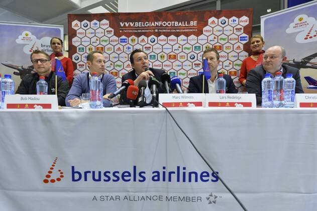 - DIEGEM, BELGIUM: Belgium s assistant coach Vital Borkelmans, KBVB-URBSFA Belgium soccer union business director Bob Madou, Belgium s head coach Marc Wilmots, Brussels Airport Chief Commercial Officer Lars Redeligx and Brussels Airlines Head of Online Sales Christian Dumortier pictured during a press conference PK Pressekonferenz of Brussels Airlines and Belgian soccer federation KBVB - URBSFA to present their new collaboration regarding the Euro2016 , Monday 18 January 2016 at the B.House (Brussels Airlines House) in Diegem. BENOITxDOPPAGNE  x04776561x