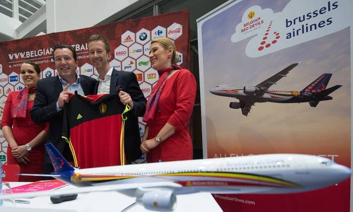 - DIEGEM, BELGIUM: Belgium s head coach Marc Wilmots and Brussels Airport Chief Commercial Officer Lars Redeligx pose after a press conference PK Pressekonferenz of Brussels Airlines and Belgian soccer federation KBVB - URBSFA to present their new collaboration regarding the Euro2016 , Monday 18 January 2016 at the B.House (Brussels Airlines House) in Diegem. BENOITxDOPPAGNE  x04776570x