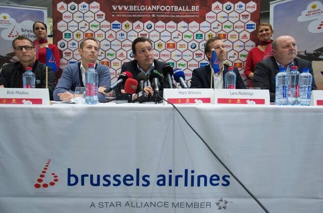 - DIEGEM, BELGIUM: Belgium s assistant coach Vital Borkelmans, KBVB-URBSFA Belgium soccer union business director Bob Madou, Belgium s head coach Marc Wilmots, Brussels Airport Chief Commercial Officer Lars Redeligx and Brussels Airlines Head of Online Sales Christian Dumortier pictured during a press conference PK Pressekonferenz of Brussels Airlines and Belgian soccer federation KBVB - URBSFA to present their new collaboration regarding the Euro2016 , Monday 18 January 2016 at the B.House (Brussels Airlines House) in Diegem. BENOITxDOPPAGNE  x04776574x