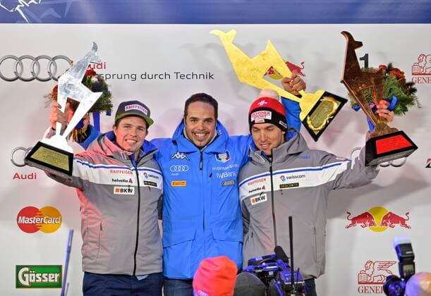 ALPINE SKIING - FIS WC Kitzbuehel KITZBUEHEL,AUSTRIA,23.JAN.16 - ALPINE SKIING - FIS World Cup, Hahnenkamm-race, downhill, men, award ceremony. Image shows Beat Feuz (SUI), Peter Fill (ITA) and Carlo Janka (SUI). Keywords: trophy. GEPAxpictures xHansxOsterauer