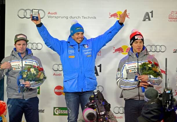 ALPINE SKIING - FIS WC Kitzbuehel KITZBUEHEL,AUSTRIA,23.JAN.16 - ALPINE SKIING - FIS World Cup, Hahnenkamm-race, downhill, men, award ceremony. Image shows Beat Feuz (SUI), Peter Fill (ITA) and Carlo Janka (SUI). GEPAxpictures xHansxOsterauer