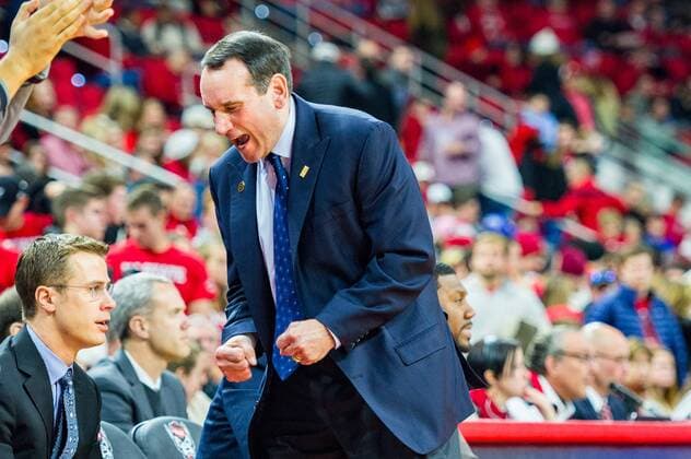 Duke Head Coach Mike Krzyzewski celebrates at the end of the NCAA College League USA Basketball game between the Duke Blue Devils and the NC State Wolfpack at PNC Arena on January 23, 2016 in Raleigh, NC. NCAA Basketball 2016: Duke vs NC State JAN 23 - ZUMAc04_