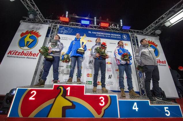 Kitzbuehel 23.01.2016, Streif, Kitzbuehel, AUT, FIS Weltcup Ski Alpin, Kitzbuehel, Abfahrt, Herren, Siegerehrung, im Bild v.l. Beat Feuz (SUI, 2. Platz), Peter Fill (ITA, 1. Platz), Carlo Janka (SUI, 3. Platz), Johan Clarey (FRA, 4. Platz), Marc Gisin (SUI, 5. Platz) f.l.t.r. 2nd placed Beat Feuz of Switzerland winner Peter Fill of Italy 3rd placed Carlo Janka of Switzerland 4th placed Johan Clarey of France and 5th placed Marc Gisin of Switzerland during award winner ceremony for the men s Downhill Race of Kitzbuehel FIS Ski Alpine World Cup at the Streif in Kitzbuehel, Austria on 2016 01 23. EX_JFK