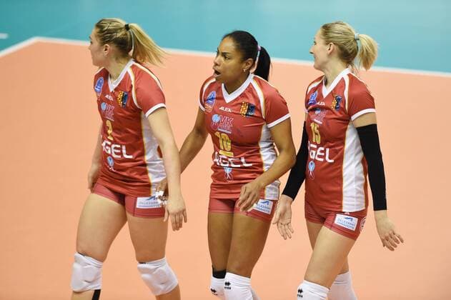 Volleyball, Damen Champions League, VK Agel Prostejov - Chemik Police From left: Barbora Gambova, Solange Soares and Tatsiana Markevich from Prostejov during the Women s Volleyball Champions League 6th round, group C match VK Agel Prostejov vs Chemik Police, played in Prostejov, Czech Republic, January 27, 2016. (CTKxPhoto LudekxPerina) CTKPhotoP201601270871801  LPE 016