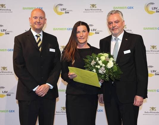 27.01.2016, Stuttgart, Trainerpreisverleihung LSV Trainerpreis 2015 Baden- Württemberg, von links: Eicko Schulz-Hanßen, Trainerin des Jahres Anja Kratzer, Norbert Müller