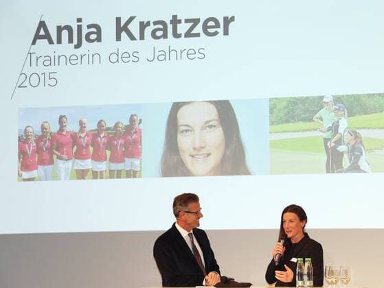 27.01.2016, Stuttgart, Trainerpreisverleihung LSV Trainerpreis 2015 Baden- Württemberg, v.l. Moderator Michael Antwerpes, Trainerin des Jahres Anja Kratzer