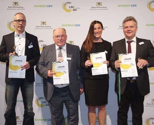27.01.2016, Stuttgart, Trainerpreisverleihung LSV Trainerpreis 2015 Baden- Württemberg, von links: Trainer des Jahres Andreas Stäbler, Lebenswerk Alfred Schmid, Trainerin des Jahres Anja Kratzer, Sonderpreis Barmer GEK Bernd Pinkes
