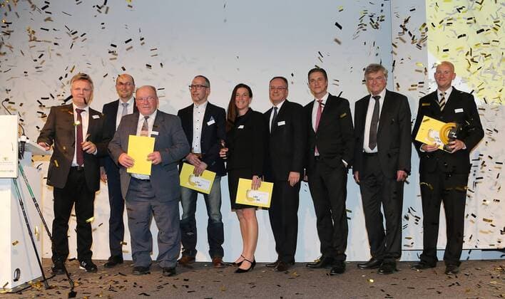 27.01.2016, Stuttgart, Trainerpreisverleihung LSV Trainerpreis 2015 Baden- Württemberg, von links: Sonderpreis Barmer GEK Bernd Pinkes, ?, Lebenswerk Alfred Schmid, Trainer des Jahres Andreas Stäbler, Trainerin des Jahres Anja Kratzer