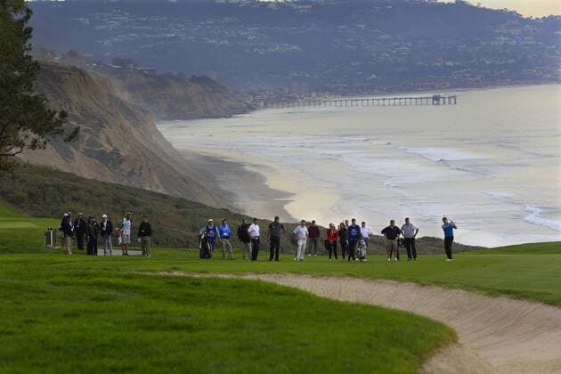 Jan. 27, 2016 - San Diego, CA, USA - SAN DIEGO, CA, USA -- JANUARY 27, 2016: ..At the Farmers Pro-Am played at Torrey Pine Wednesday in San Diego, Phil Mickelson prepared to approach the 7th green with his group late Wednesday afternoon. At the Farmers Pro-Am played at Torrey Pine Wednesday in San Diego, Phil Mickelson prepared to approach the 7th green with his group late Wednesday afternoon. - ZUMAs44_