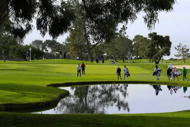 Jan. 27, 2016 - San Diego, CA, USA - SAN DIEGO, CA, USA -- JANUARY 27, 2016: ..At the Farmers Pro-Am played at Torrey Pine Wednesday in San Diego, Pro Hideki Matsuyama groups approached the 17th green on the north course. At the Farmers Pro-Am played at Torrey Pine Wednesday in San Diego, Pro Hideki Matsuyama groups approached the 17th green on the north course. - ZUMAs44_