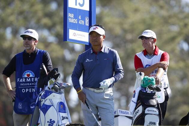 Jan. 28, 2016 - San Diego, CA, USA - K.J. Choi waits to his from the 15th tee on the south course at Torrey Pines in San Diego on Thursday, Jan. 28, 2016, during the first round of the Farmers Insurance Open. Farmers Insurance Open, Round 1 - ZUMAm67_
