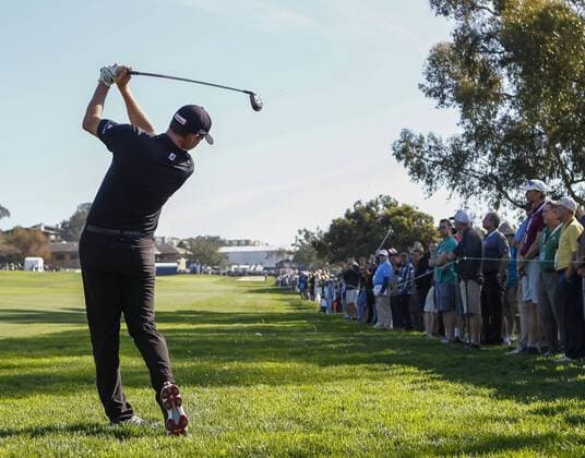January 29, 2016: Jimmy Walker takes his approach shot from the rough on the right side of the 9th hole of the North Course during the second round of the Farmers Insurance Open at Torrey Pines Golf Course in San Diego, California. PGA Golf Herren 2016: Farmers Insurance Open JAN 29 - ZUMAc04_