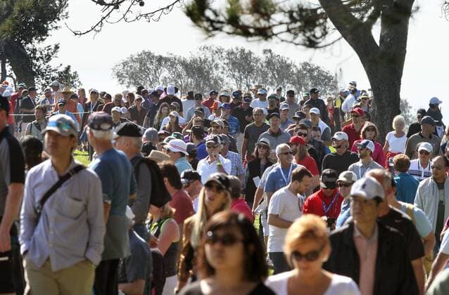 Jan. 29, 2016 - San Diego, California, United States - January 29, 2016, San Diego, California, USA_ Farmers Insurance Open Day 2- A crowd follows Rickie Fowler along hole 6 of the South Course. _Mandatory Photo Credit: Photo by Golf 2016 - Farmers Insurance Open - Day 2 - ZUMAs44_
