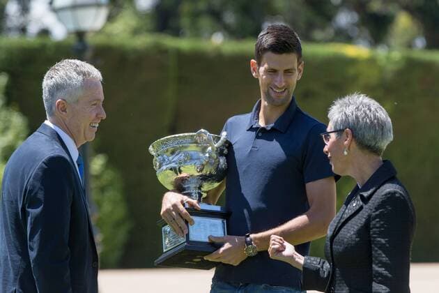 February 1, 2016: Novak Djokovic of Serbia with the CEO of Tennis Australia Craig Tiley and Her Excellency the Honourable Linda Dessau AM.Governor of Victoria during the Men s Champion Photocall at Government House, Melbourne, Australia. Tennis 2016: Australian Open FEB 1 - ZUMAc04_
