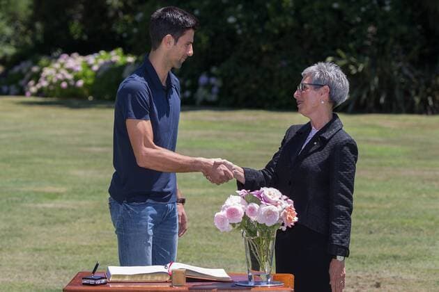 February 1, 2016: Novak Djokovic of Serbia shakes hands with Her Excellency the Honourable Linda Dessau AM.Governor of Victoria during the Men s Champion Photocall at Government House, Melbourne, Australia. Tennis 2016: Australian Open FEB 1 - ZUMAc04_