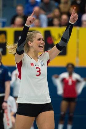 01.02.2016, Halle Berg Fidel, Muenster Volleyball, Bundesliga Frauen, USC Münster Muenster vs. Rote Raben Vilsbiburg Jubel Kirsten Knip ( 3 Vilsbiburg) Libero
